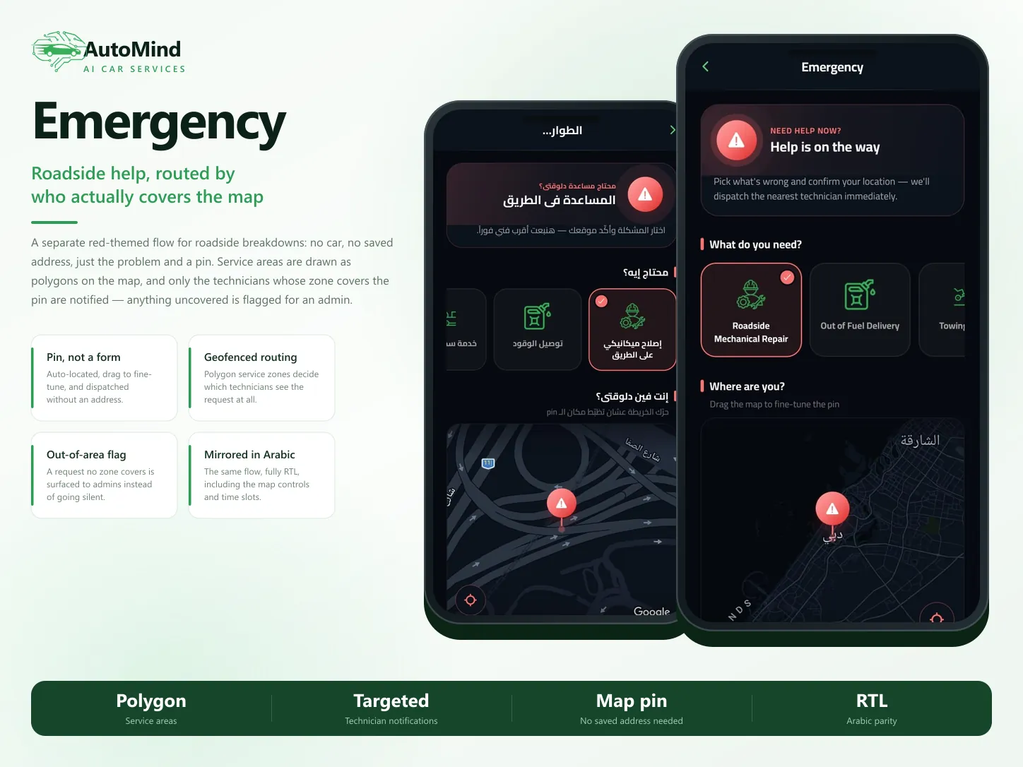 The AutoMind emergency roadside request flow in English and Arabic